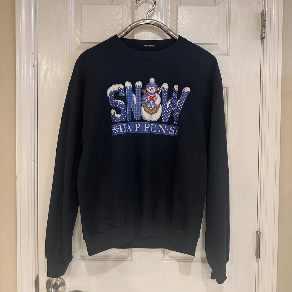 Vintage Snow Happens Snowman Graphic Crewneck Sweatshirt Black Pullover L